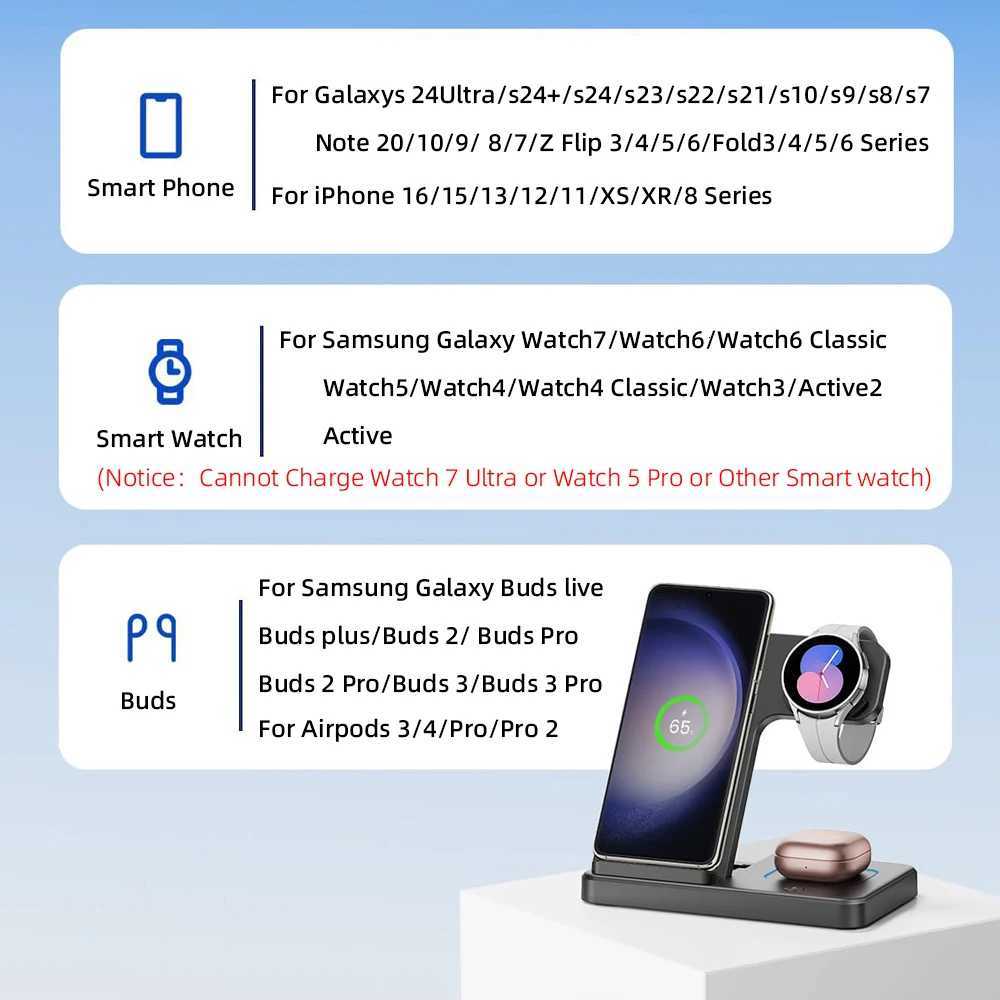 Foldable 3in1 Wireless Charger Stand For Galaxy Watch 7 6 5 4 S24 S23 S22 S21 S20 Note 20 Z flip 6 5 4 Buds 3 2 Pr