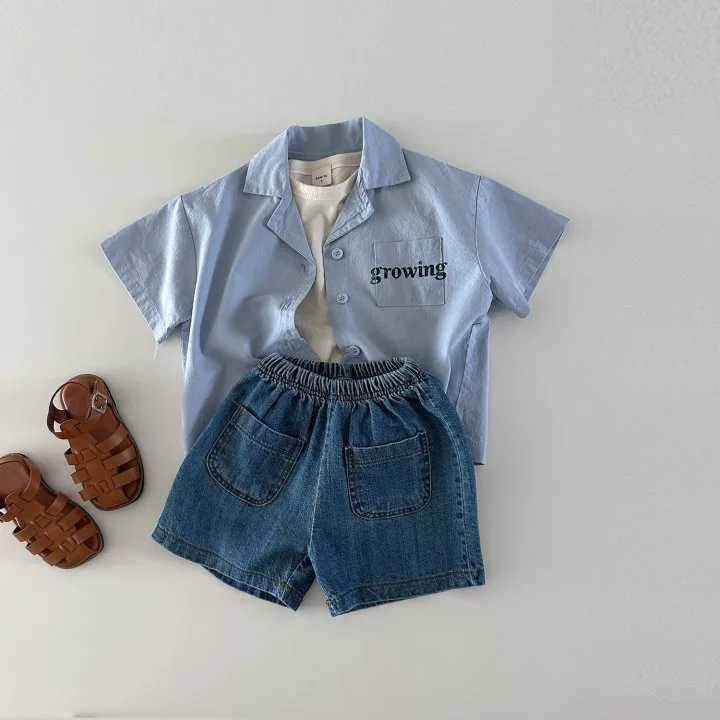 Summer childrens set solid color denim boy short sleeved top and shorts set fashionable girl baby cardigan denim jacket set C250913