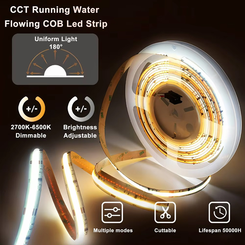 CCT Running Water Flowing COB LED Strip 2700K-6500K Dimmable Ra90 576leds/m 10MM 24V FCOB LED Strip Ribbon