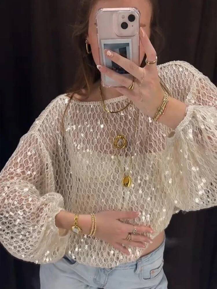 Summer Round Neck Sequin Knitting Blouse Chic Women's Knitted Long Sleeve Pullover Female Crocheted Vacation Tops High Street dongdumaoyi