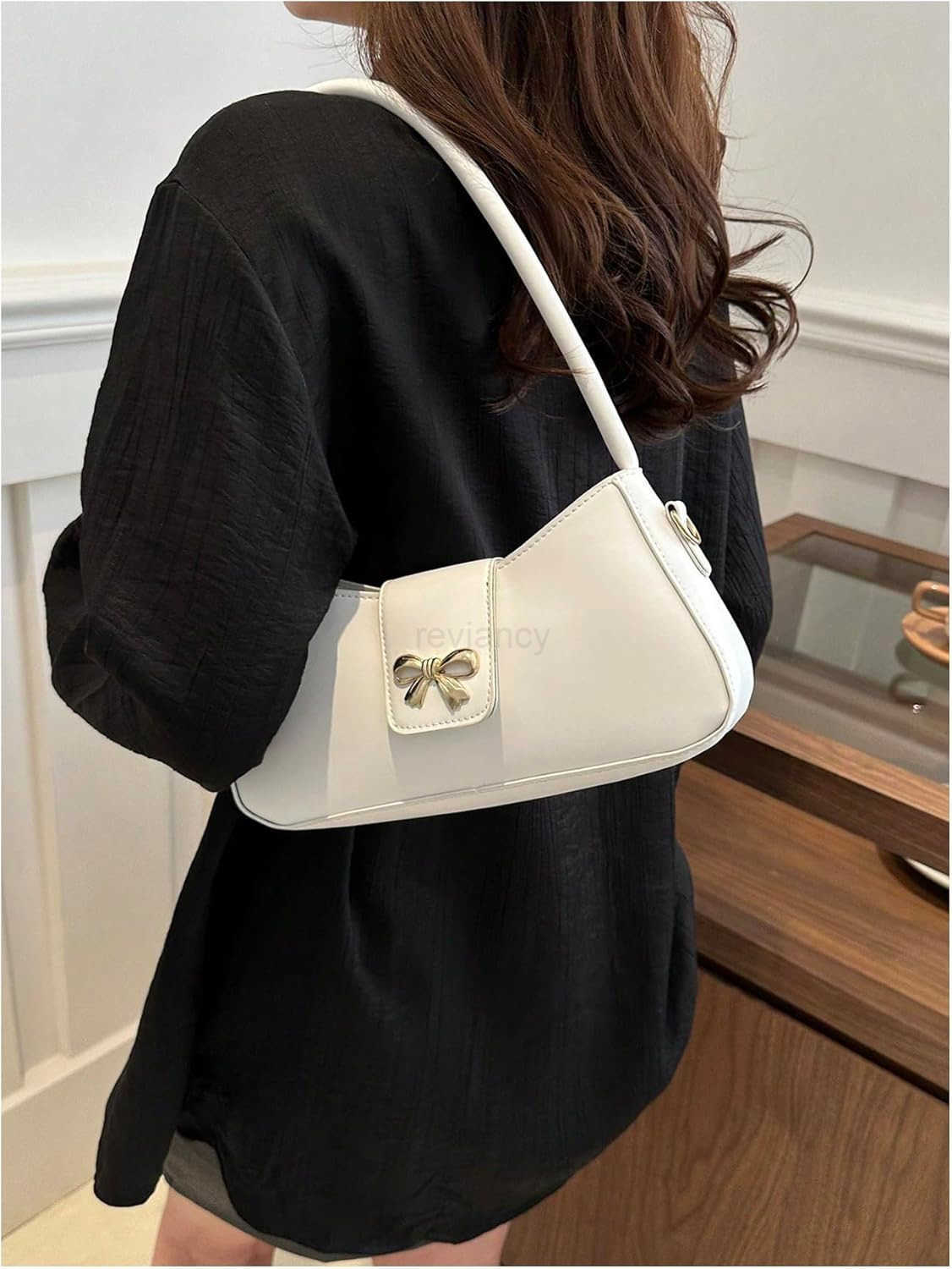 Womens Bow Leather Shoulder Bag Flap Top Handle Zipper Y2k Vintage Underarm BagW250913