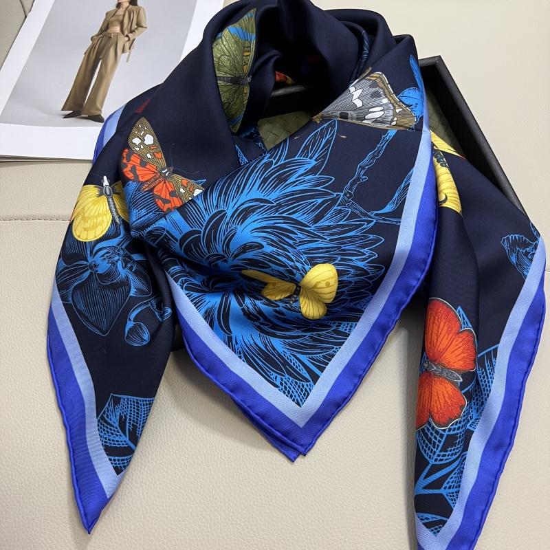 Women's square scarf scarves 100% twill silk material blue pint letters butterfly pattern size 110cm- 110cm