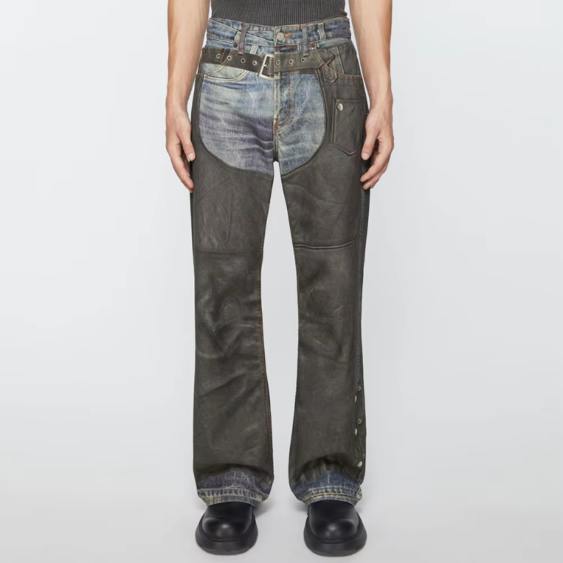 High Street Pu Leather Patchwork Baggy Jeans Pants for Men and Women Side Buttons Striaght Casual Loose Denim Trousers Oversize