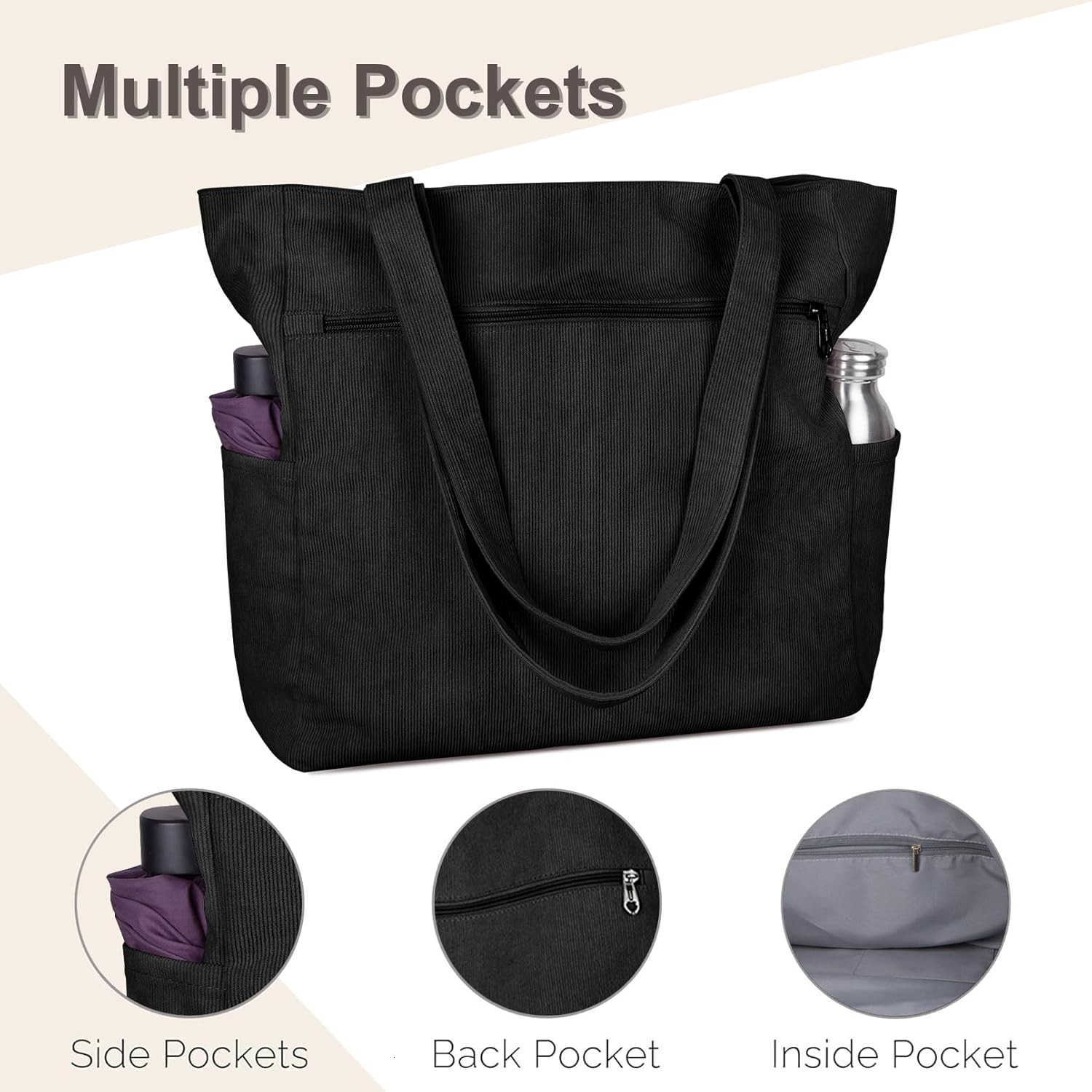 Corduroy Tote Bag for Women with Zipper Large Shoulder Bag Handbag for Work School Shopping Travel Gym VacationW250912