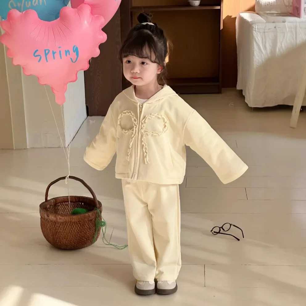 Girls Sweatshirt Set Spring New 2025 Bow Korean Fashion Cute Solid Color Coat Pants Two Piece Set Girls Clothes C250913