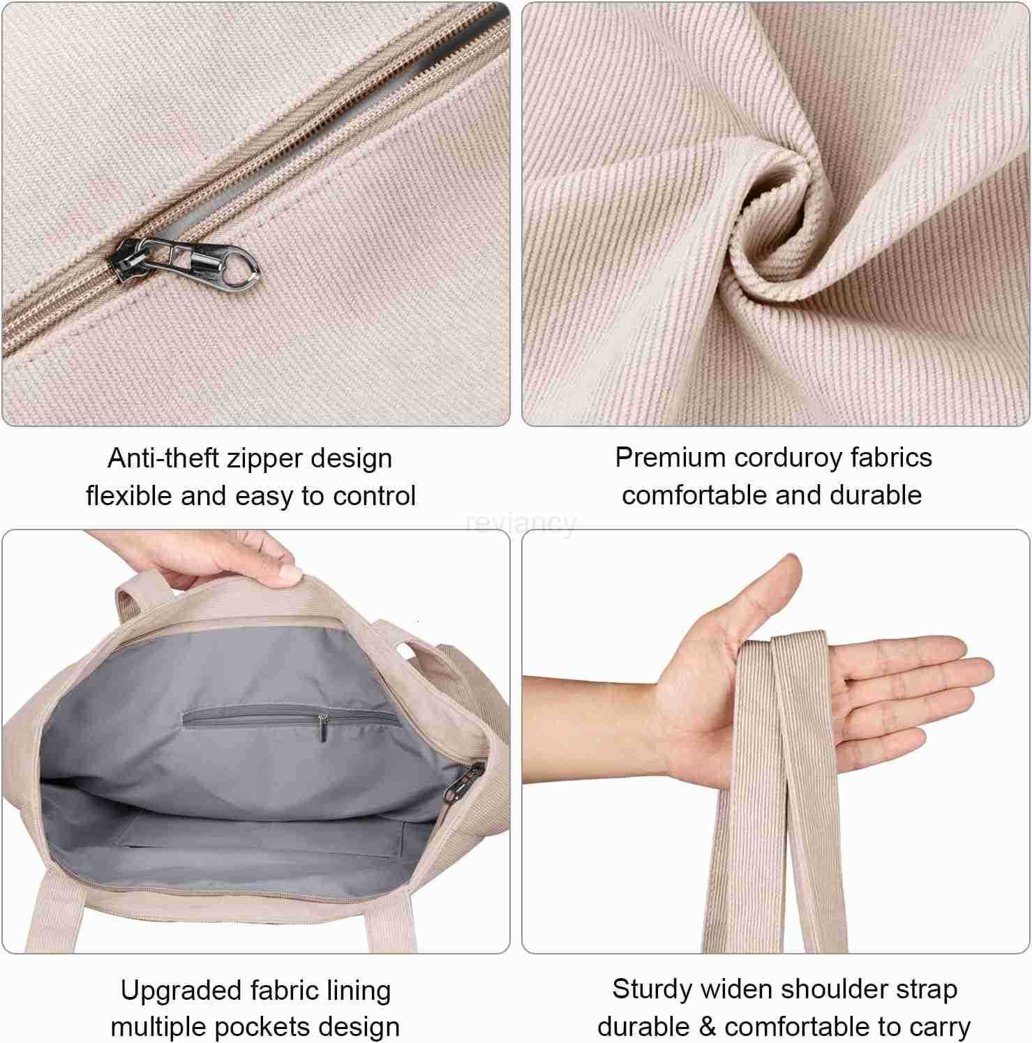 Corduroy Tote Bag for Women with Zipper Large Shoulder Bag Handbag for Work School Shopping Travel Gym VacationW250913
