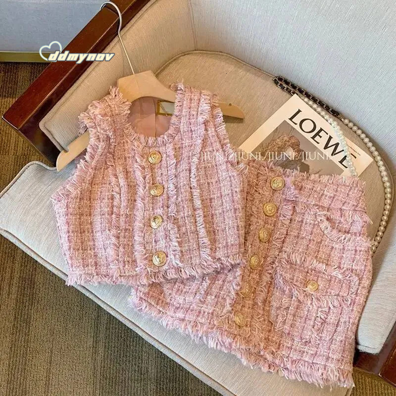 Pink Tweed 2 Pieces Sets Elegant Sleeveless Vest Women A-Line Korean Style Two Piece Skirt Suits Rich Girl Matching Outfit dongdumaoyi ddmynov