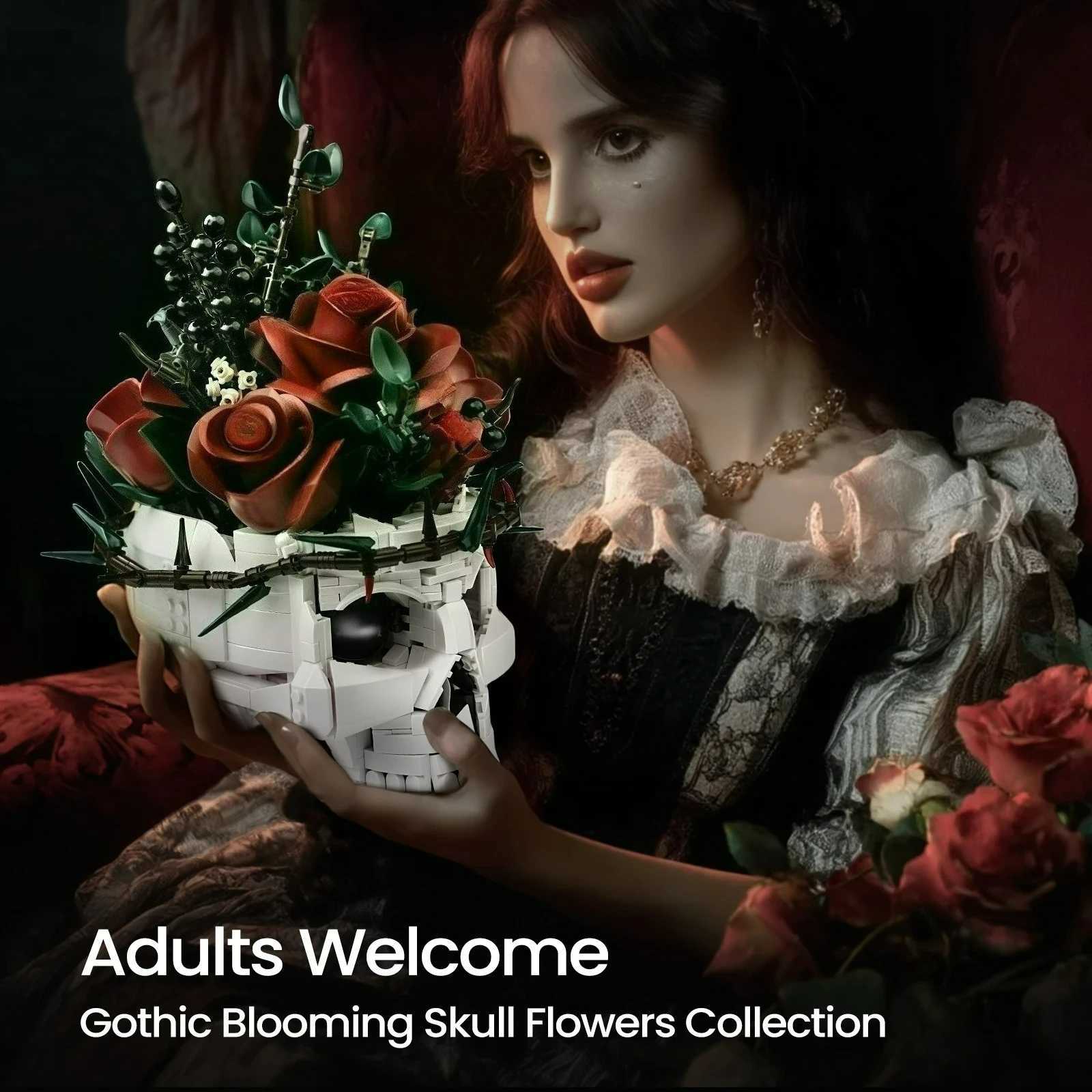 2025 Halloween Skull Roses Bouquet Building Set Skeleton Flowers Plant Pot Blocks Horror Gothic Home Decor Bricks Toys for Gift X250913