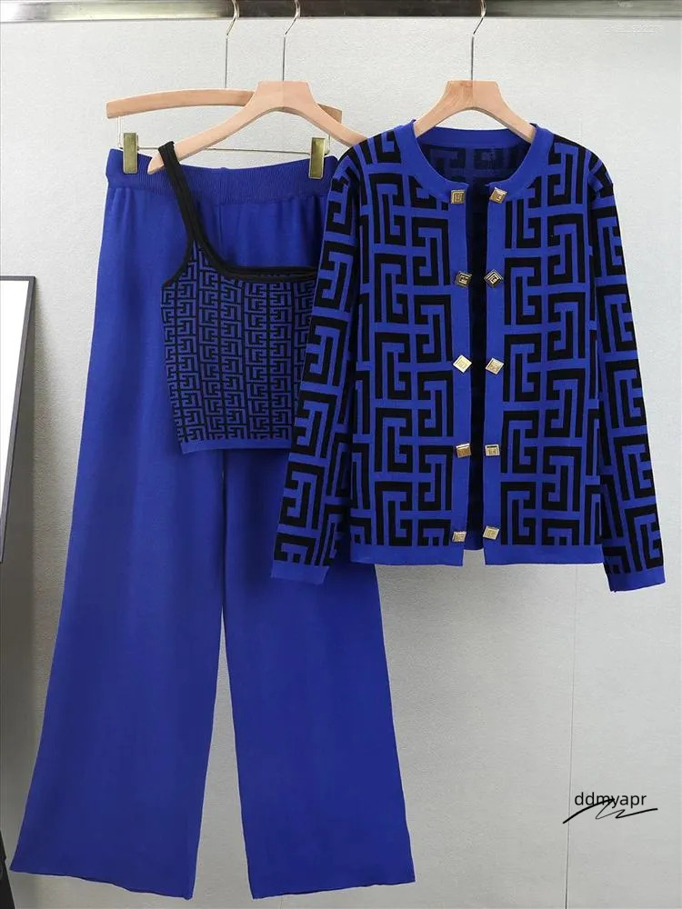 Women's Tracksuits Spring Knitted Three Pieces Sets 2025 Slim Short Tank Top Long Sleeves Cardigan Elastic Wide Leg Pants Fashion Sweater ddmyapr