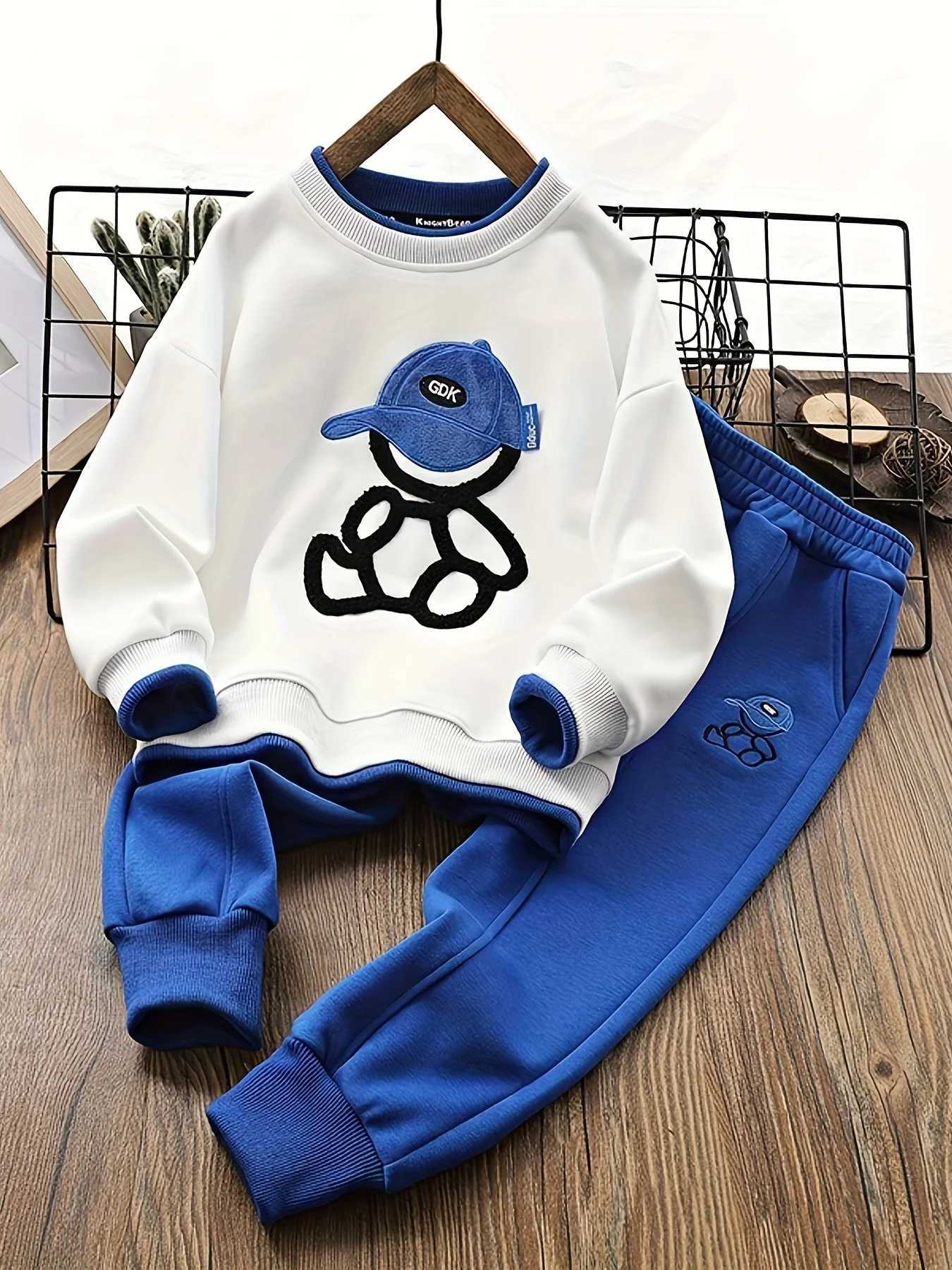 Teenage Boy Clothes Children Girl fake two pieces Sweater Pullover And pants Set kid Embroidery Cartoon Bear Top Bottom Suit C250913
