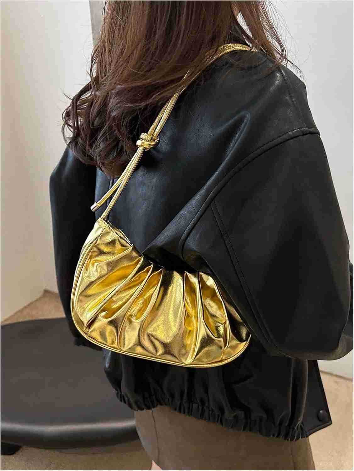 Womens Gold Purse Ruched Metallic Shoulder Handbags Top Handle Underarm BagW250913