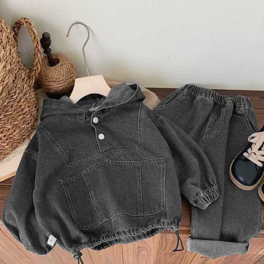 Childrens clothing Spring and Autumn boys denim hooded sweatshirt womens Baoyang solid color long sleeved top and pants set C250913