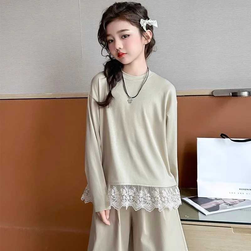 Knitted Vest Lace Top Wideleg Pants Koreanstyle Threepiece Set 3Piece Girlss Sets Girl Long Sleeve Childrens Clothing C250913