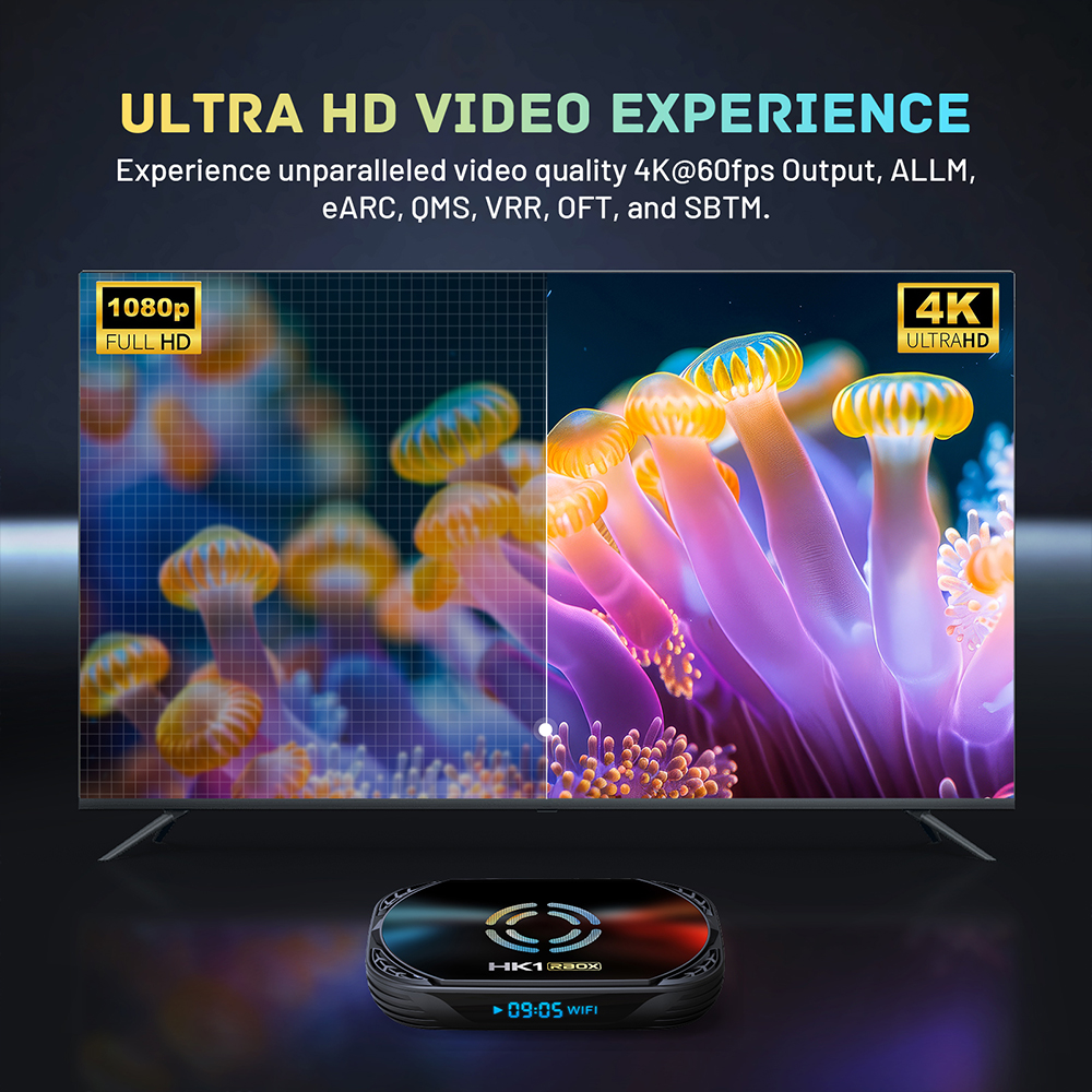 HK1 RBOX X50 Android 14 TV Box Amlogic S905X5M 4GB+128GB 1000M LAN WiFi6 4K UHD Smart Media Player with Active Cooling Fan/BT/Voice Control