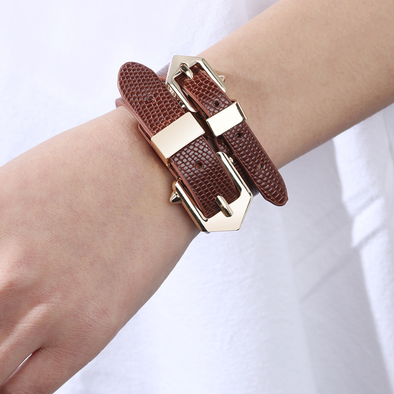 TemuPU Snake Pattern Leather Bracelet Alloy Electroplated Double Buckle Head Women's Versatile Jewelry Hot-Selling Model ddmymoon