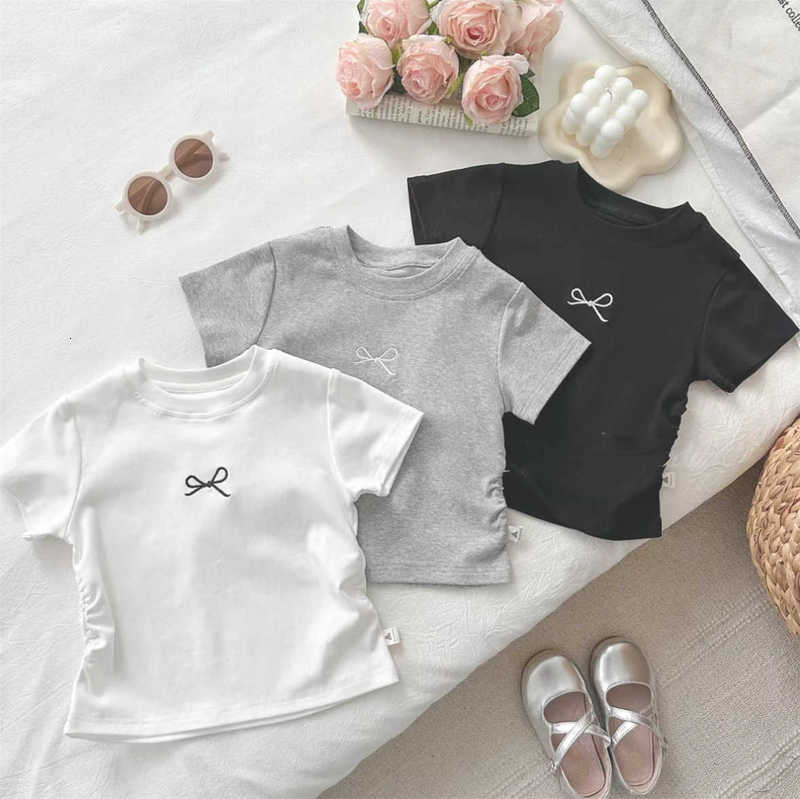 Girls Short Sleeve Slim Fit Cotton T-shirt Embroidered Bow Sweet Princess Style Top Shangqiu Children's Clothing