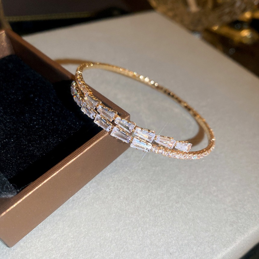 Gold Toned Bangle With Baguette Cut Clear Crystals, Double Layered Sparkly Pave Design Delicate Daily Glamorous Jewelry Gift For Her High - Quality An