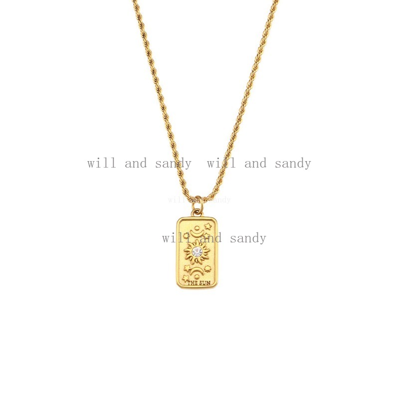 Non Tarnish Stainless Steel Square Tarot Card Pendant Necklace 18k Gold Chain Charm Cubic Zirconia Sun Moon Crown Necklaces for Women Girls Gift Fine 