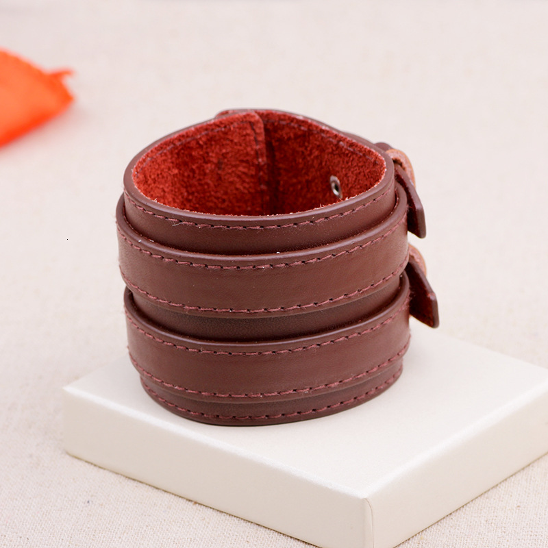 Style Double Row Buckle Top Layer Cowhide Wide Leather Bracelet Hot Sale ddmymoon