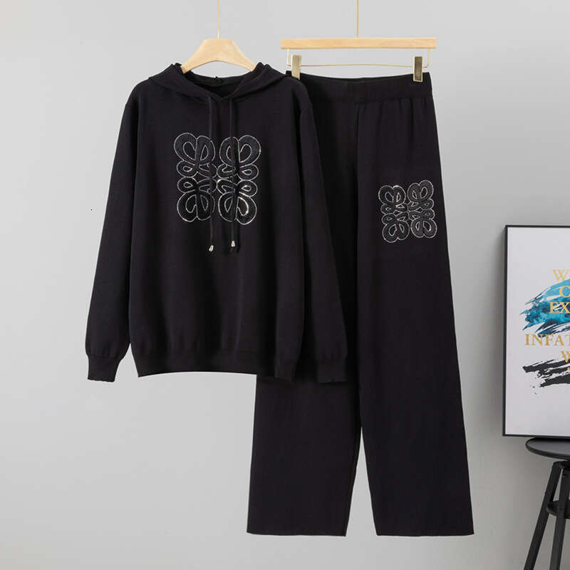 Hot Rhinestone Casual Fashion Knitted Women, Loose Hooded Sweater Wide-Leg Pants Two-Piece Set For Autumn And Winter
