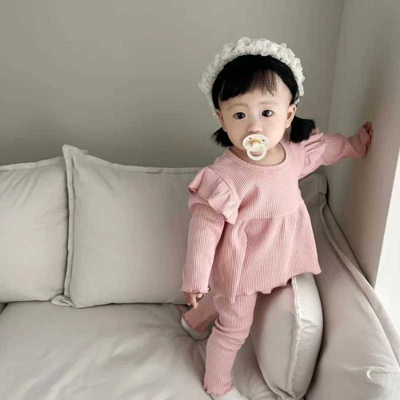 Ins 2025 Autumn Girl Baby Long Sleeve Homewear Children Simple Solid Ribbed Casual Tops Pants 2pcs Kid Cotton Fashion Tees Set C250913