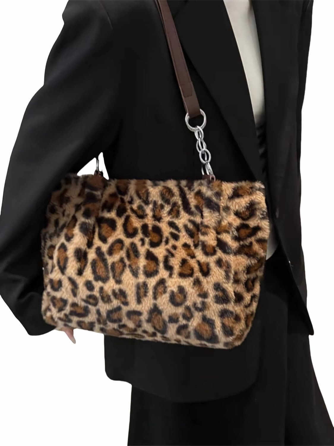 Faux Fur Leopard Print HandbagY2K Furry Fur PurseChain Fuzzy Strap Cheetah Print Shoulder Tote Bag For Women Gift C260116