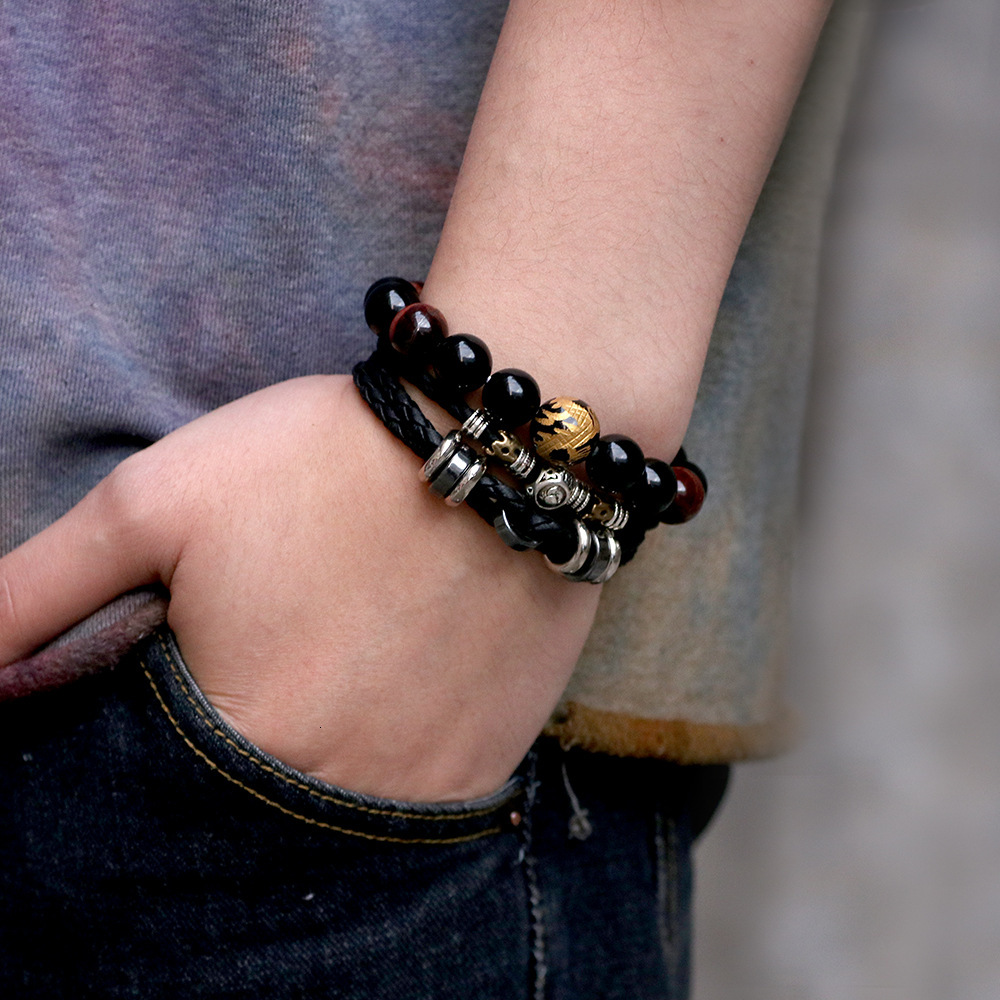 Classic Twee Constellation for Men Stainless Steel Clasp Cowhide Rope Woven Bracelet Black Gallstone CCB ddmymoon