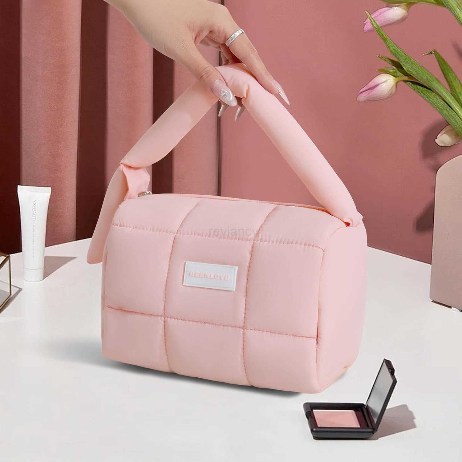 Cute Puffy Makeup Bag with Handle Quilted Cosmetic Organizer Bag Waterproof Travel Toiletry Pouch Portable Handbag with Zipper for Women and Girls Pin