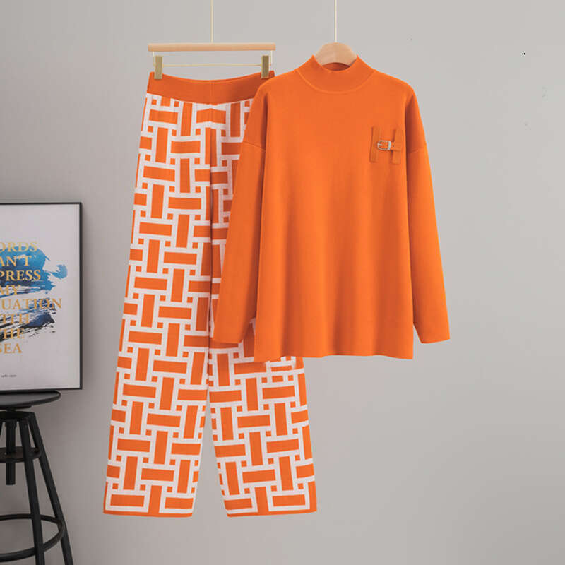 Spring and Autumn Round Neck Long Sleeve Knitted Shirt Top Loose Wide Leg Pants Elegant Women's Two Piece Set