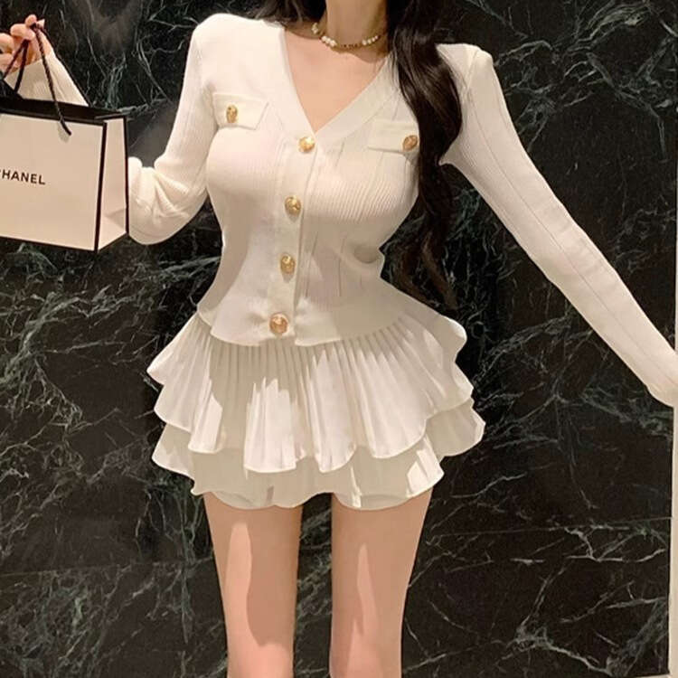 DHEssentials Chanel Style White Pure Desire Slimming Hot Girl Spring Summer New Long Sleeve Knitted Top and Half Skirt Two-Piece Set