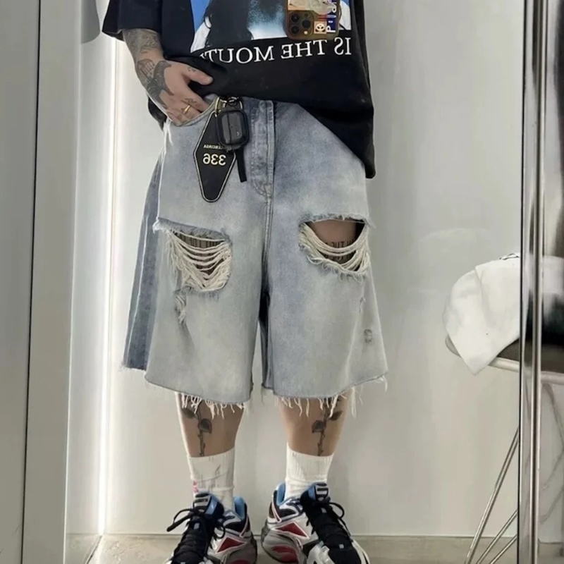 Vintage Summer Light blue Washed Hole Baggy Denim Shortsfor Men and Women Wide Leg Casual Jeans Oversized Ripped Overknee Pants