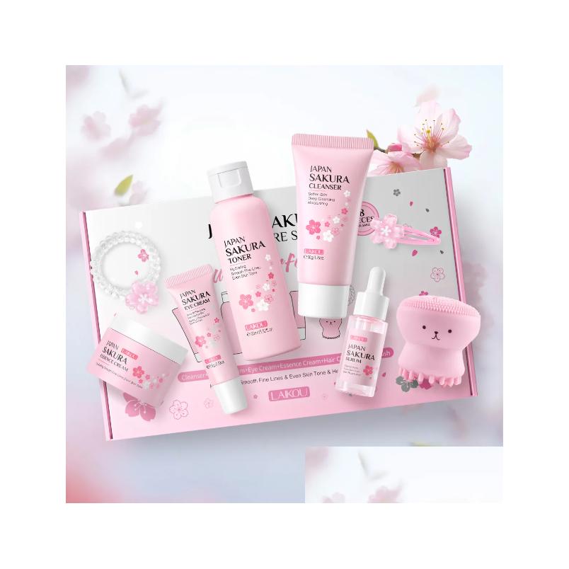 Sets Kits Laikou 8Pcs Skincare Set Sakura Cleanser Toner Lotion Cream Deep Cleansing Moisturizing Oil Control Portable Kit Travel D Otgto
