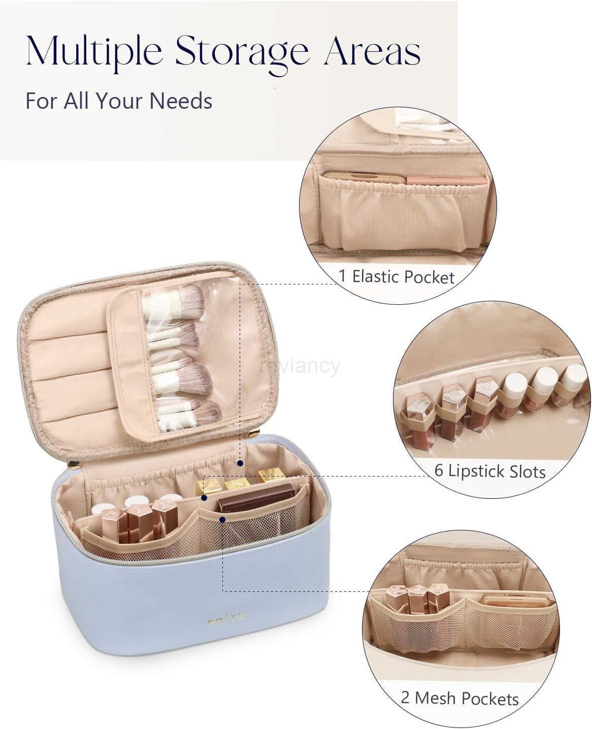 Bag Portable Cosmetic Organizer with Brush Holder Waterproof Travel Toiletry Bag for Women with Handle and Divider BlueW250913