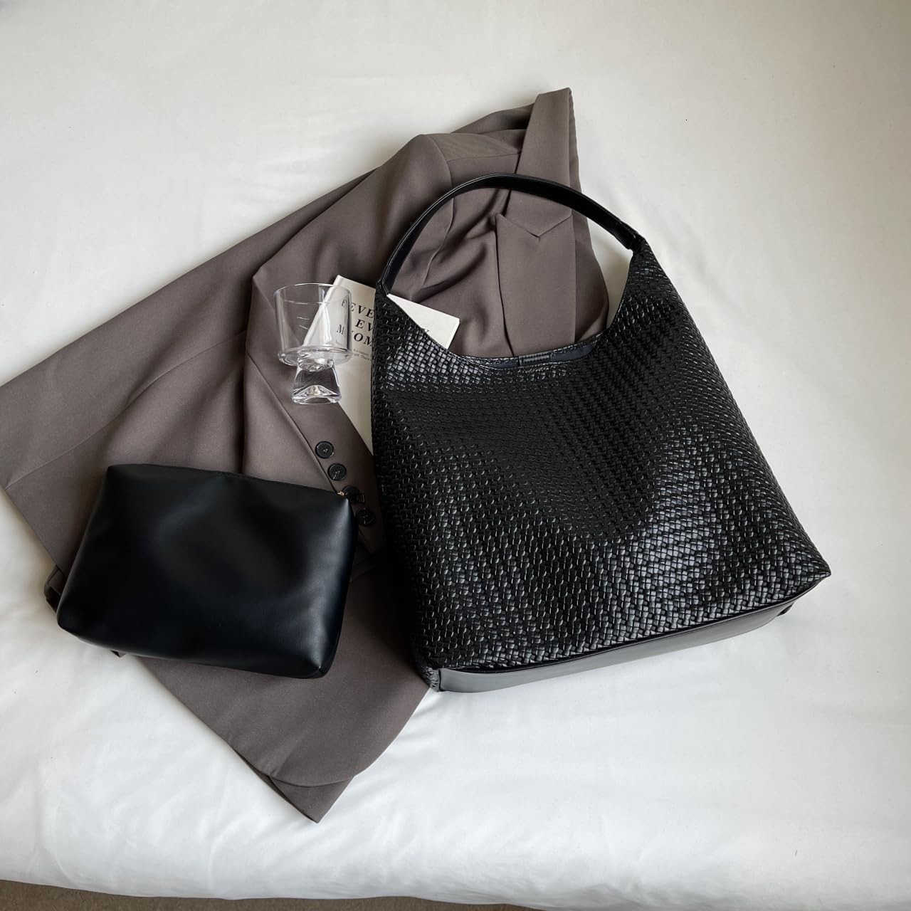 Tote Bag for Women Tophandle Shoulder Bag Leather Woven Beach Bag Soft Vegan Handbag Underarm BlackW250913