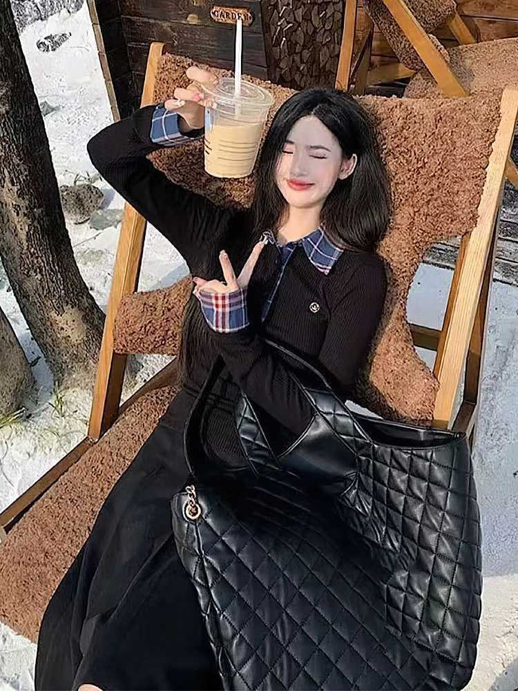 Preppy Neck Knit Plaid Long sleeve T shirt Women False 2 Piece Basic Top V neck Button Blouses Tees 2025 New Z250912