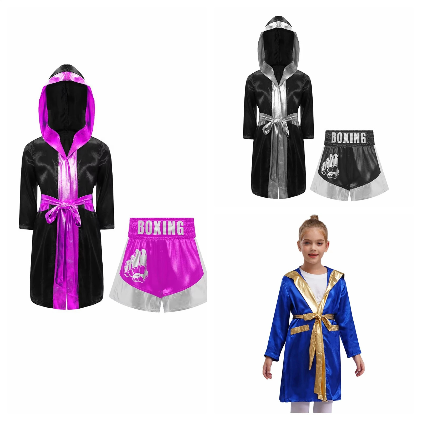 Muay Thai Outfit for Boys Girls Children Clothes Sets Boxing Outfit Satin Fighting Training Cosutmes Kids Boxer Robes suits 250912