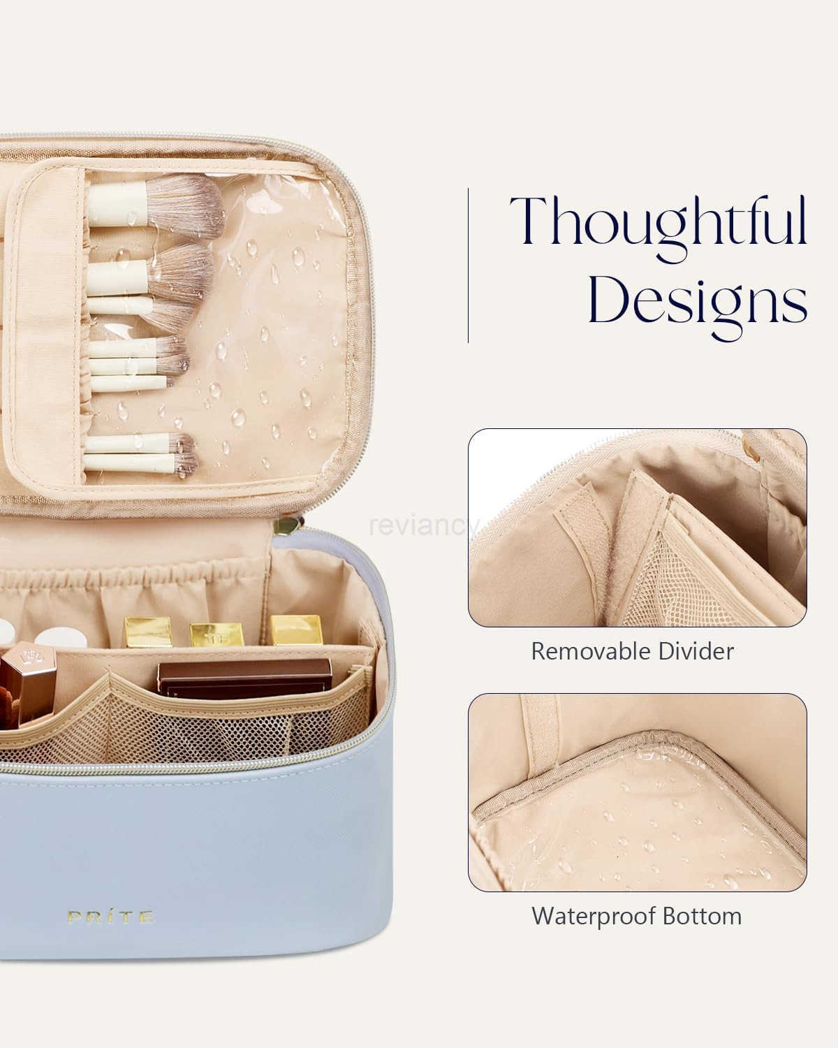 Bag Portable Cosmetic Organizer with Brush Holder Waterproof Travel Toiletry Bag for Women with Handle and Divider BlueW250913