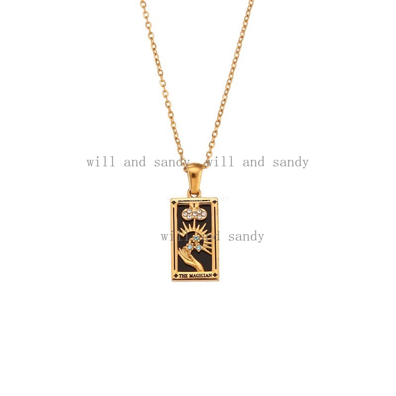 Non Tarnish Stainless Steel Square Tarot Card Pendant Necklace 18k Gold Chain Charm Cubic Zirconia Sun Moon Crown Necklaces for Women Girls Gift Fine 