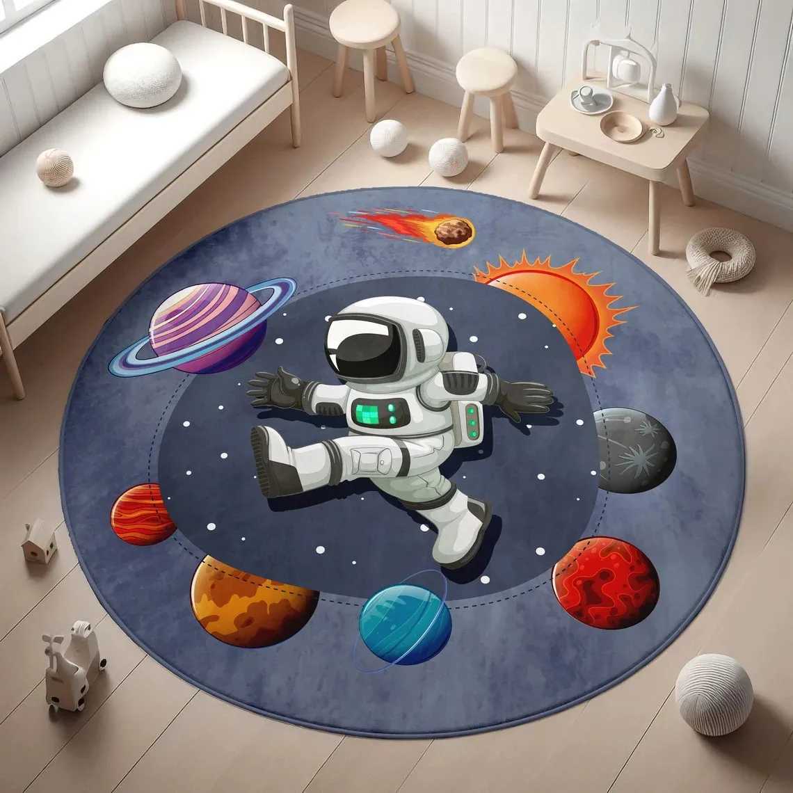 Planets Print CarpetAstronauts Playmat for Kids Room RugSpace Anti Slip MatNonSlip Home living room Circle Rug Door Mat C250913