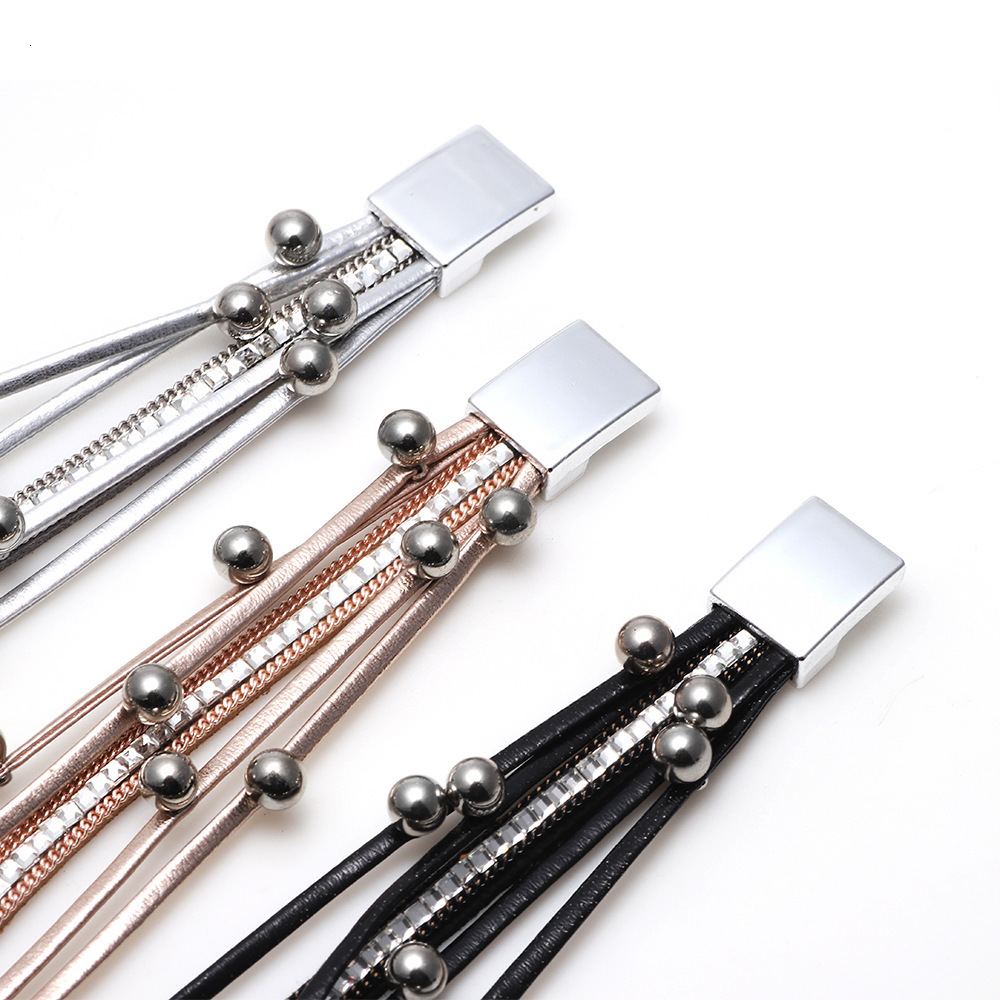 Temu Fashion Leather with Rhinestones and Pearls Multi-layer Wrapped Magnetic Clasp Bracelet Jewelry ddmymoon