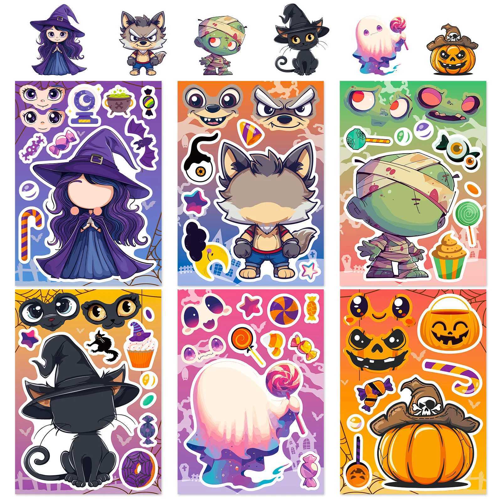 6Sheets Halloween DIY Puzzle Sticker Games 6 Pumpkin Ghost Mummy Witch Make A Face Funny Assemble Jigsaw Stickers Kids Toys X250913
