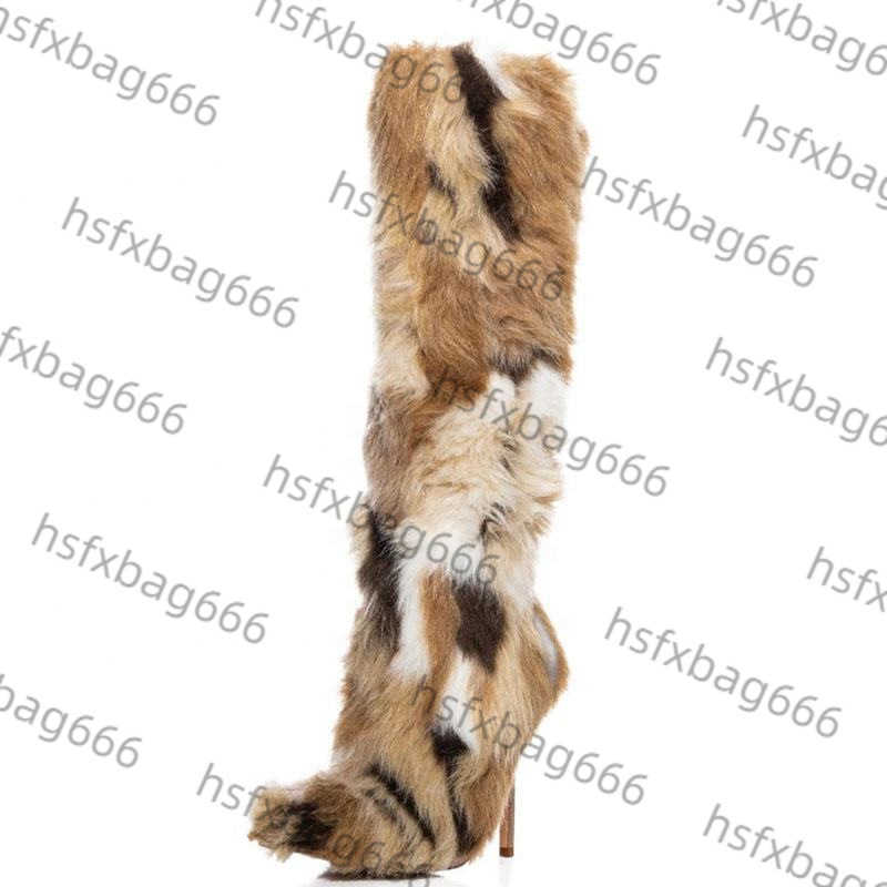 2025 New High Heel Furry Boots High Tube Stiletto Furry Boots Long Boots Pointed Toe Color Block Long Furry Womens Boots H250913