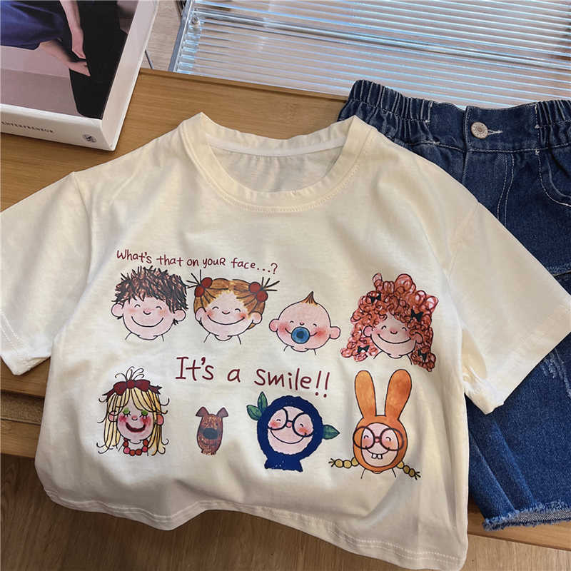 Children's Summer Cartoon Fun Print Round Neck Short Sleeve T-Shirt Boys and Girls Baby Pure Cotton Base Shirt Top