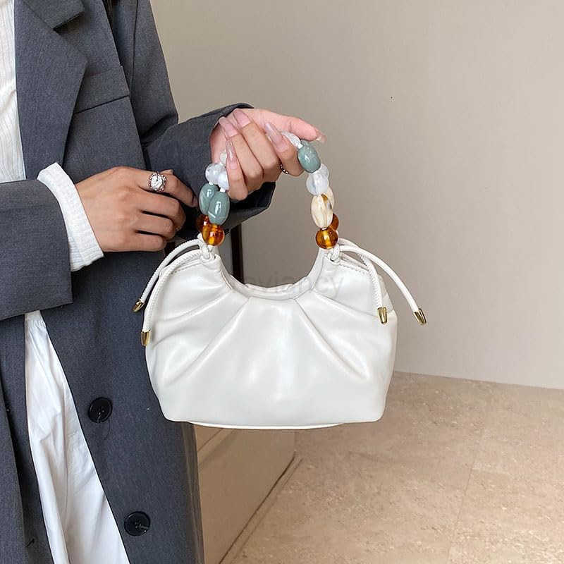 Women Top Handle with Colorful Beads Handbag Classic Soft Vegan Leather with Detachable Shoulder Strap SmallW250913