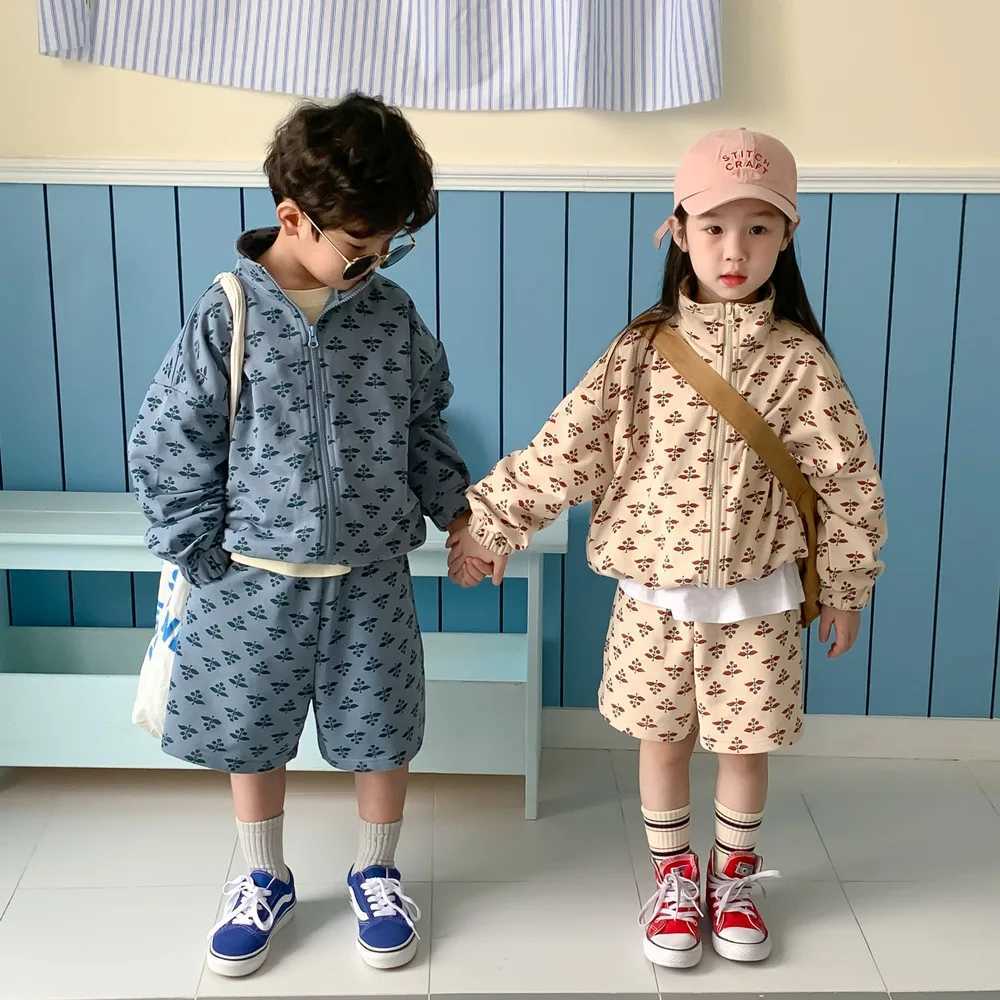 Ins Autumn Kids Girls 2PCS Clothes Set Cotton All Printed Zipper Outerwear Coat Suits Casual Shorts Clothes Children Boys Outfit C250913