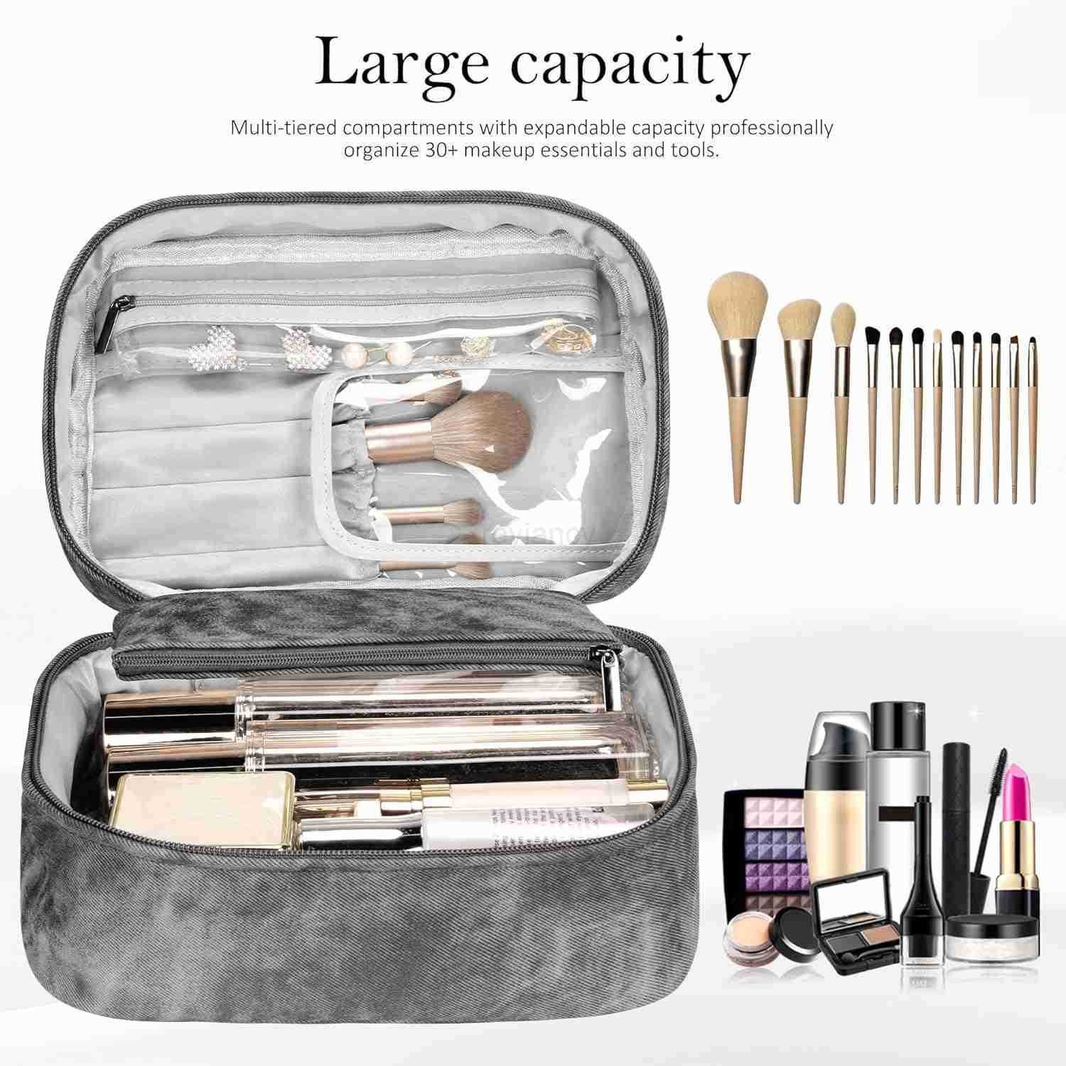 Bag Portable Cosmetic Bag Large Capacity Travel Makeup Case OrganizerStylish DenimLook Toiletry Bag for Women Girls With Handle and Removable PouchW25