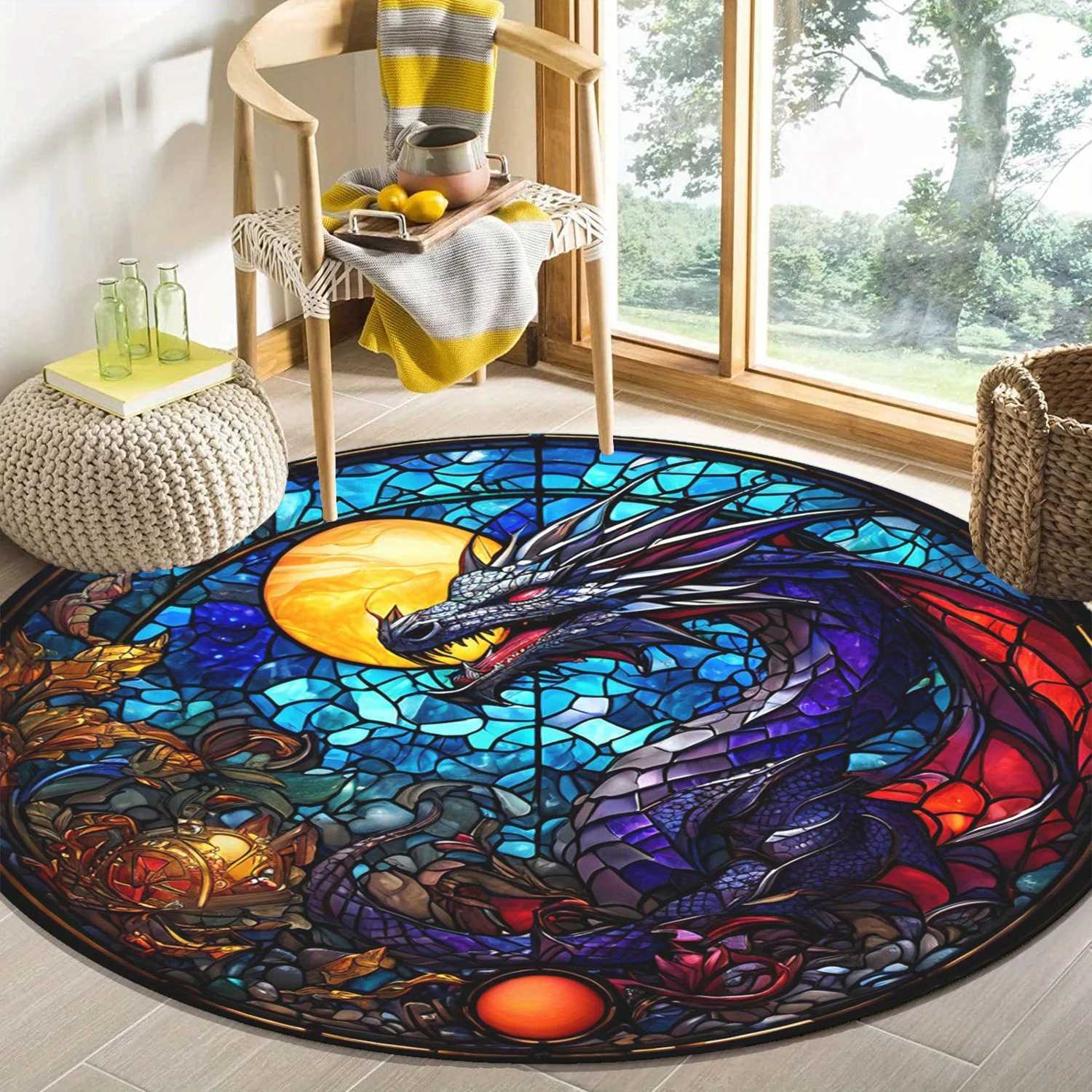 Vibrant Stained Glass Dragon Round Rug AntiSlip Durable Polyester Carpet with Cosmic Design Rich Blues Purples Reds Ora C250913