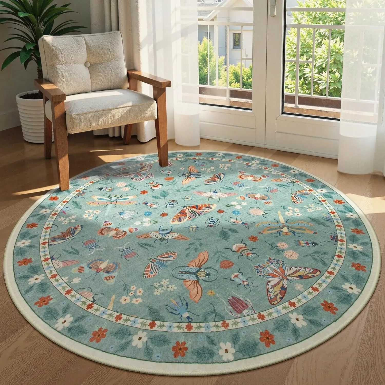 Round Living Room Carpet Green Insect Floral Carpets Home Decoration Rug for Bedroom Bedside Floor Mat Christmas Gifts C250913