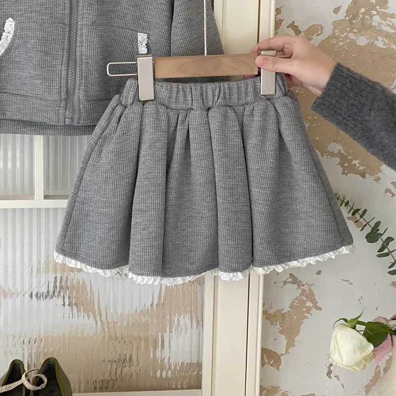 Girls Korean Version Sweet Set 2025 Spring New Lace Hooded Zipper Sweatshirt Jacket Lace Skirt Trend C250913