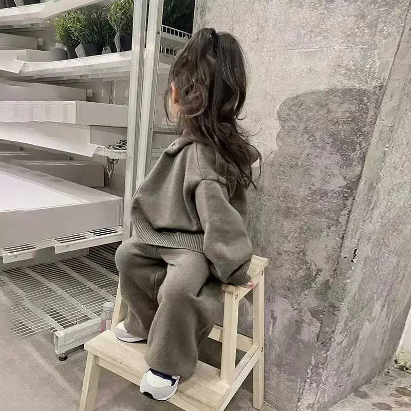 Childrens Sets Girls Spring Autumn Korean Casual Sweater Versatile Hooded Knitting Coat Two Piece Set Soild Elastic Waist C250913